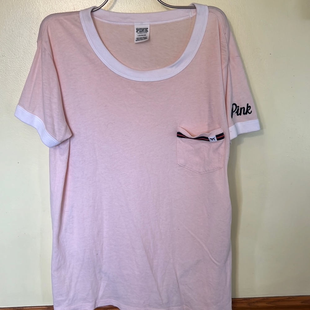 Victoria’s Secret PINK crew neck shirt. Embroidered PINK on sleeve. Size: Large